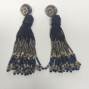JJill Tassel Drop Earrings Glass Beads Posts Native American 8" Long
